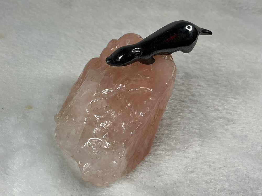 Hematite Otter on Rose Quartz